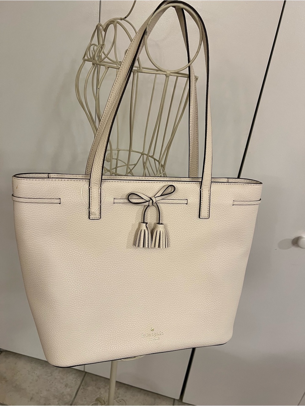 kate spade Cream Pebbled Leather Shoulder Tote with Tassel Accent
